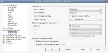 OpenOffice Options: Language Settings->Languages->Lithuanian (Lietuvių)