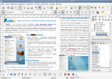 OpenOffice.org Writer dokumentų rašyklė Linux aplinkoje - redaguojamas lankstinukas apie Baltix GNU/Linux